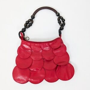 Scalloped Shoulder Bag Purse Handbag Beaded Faux Leather Pleather Cherry Red